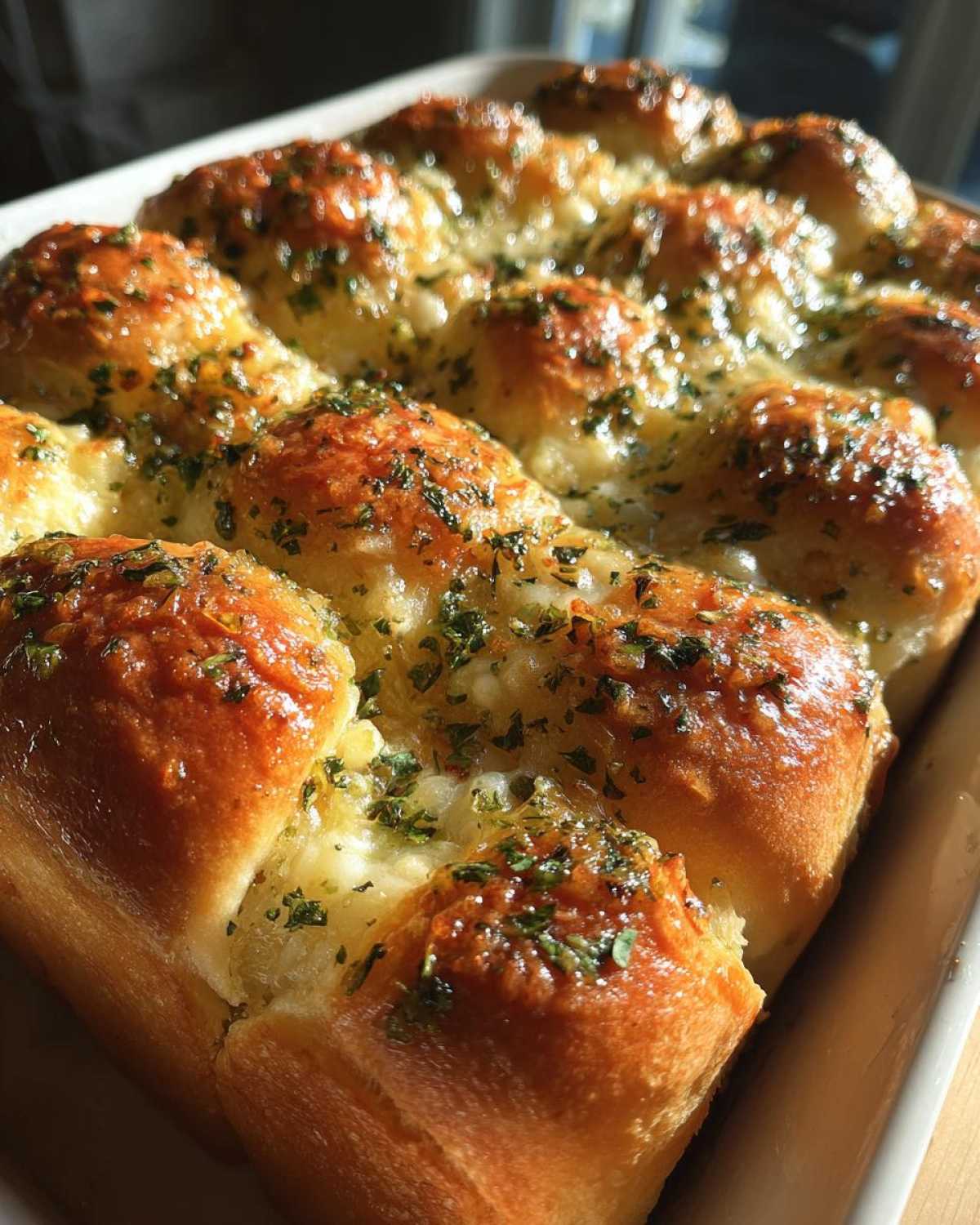 Close-up of golden brown Garlic Parmesan Pull-Apart Bread glistening with butter and topped with parsley.