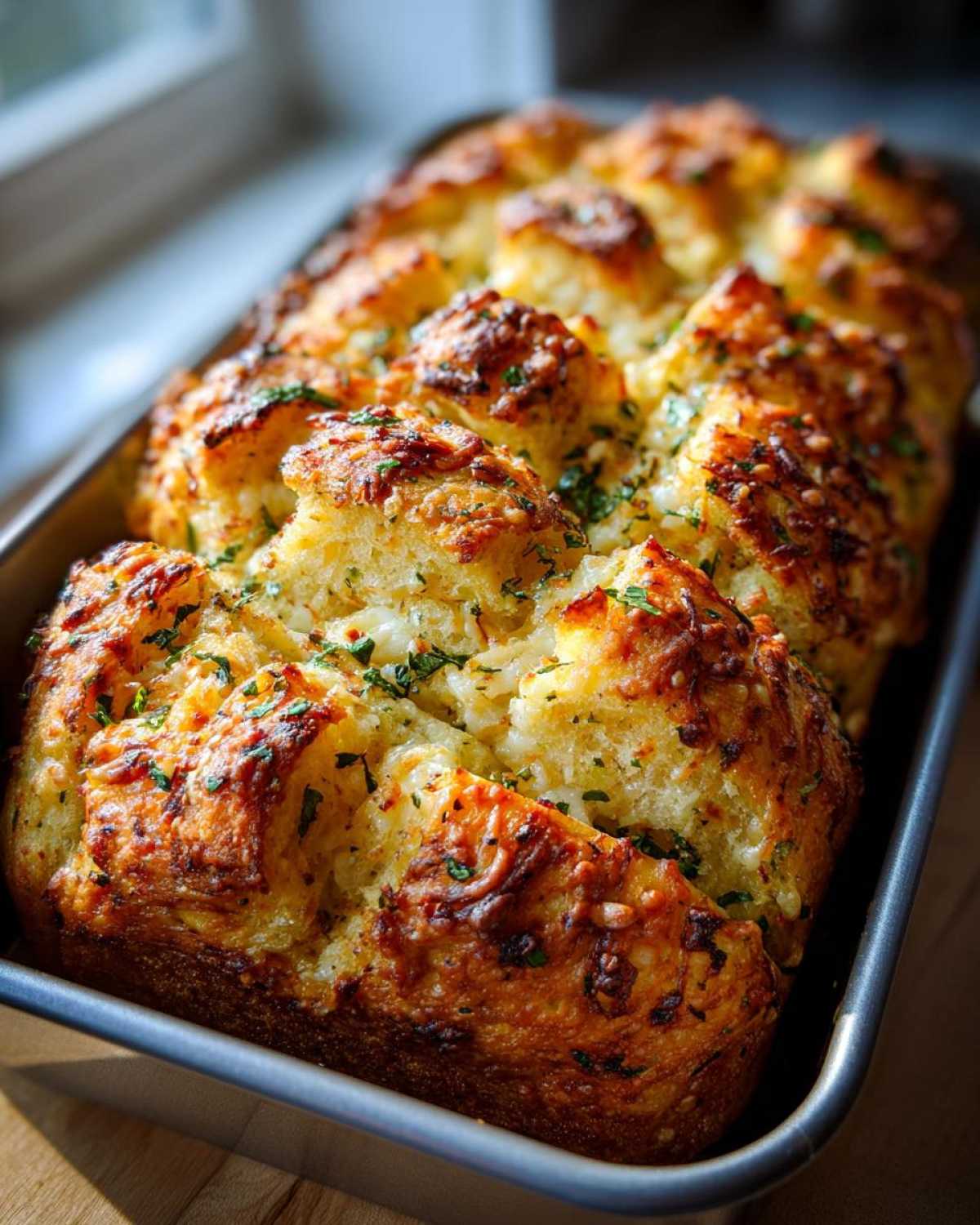 Close-up of freshly baked Garlic Parmesan Pull-Apart Bread with a golden-brown, cheesy crust in a metal loaf pan.