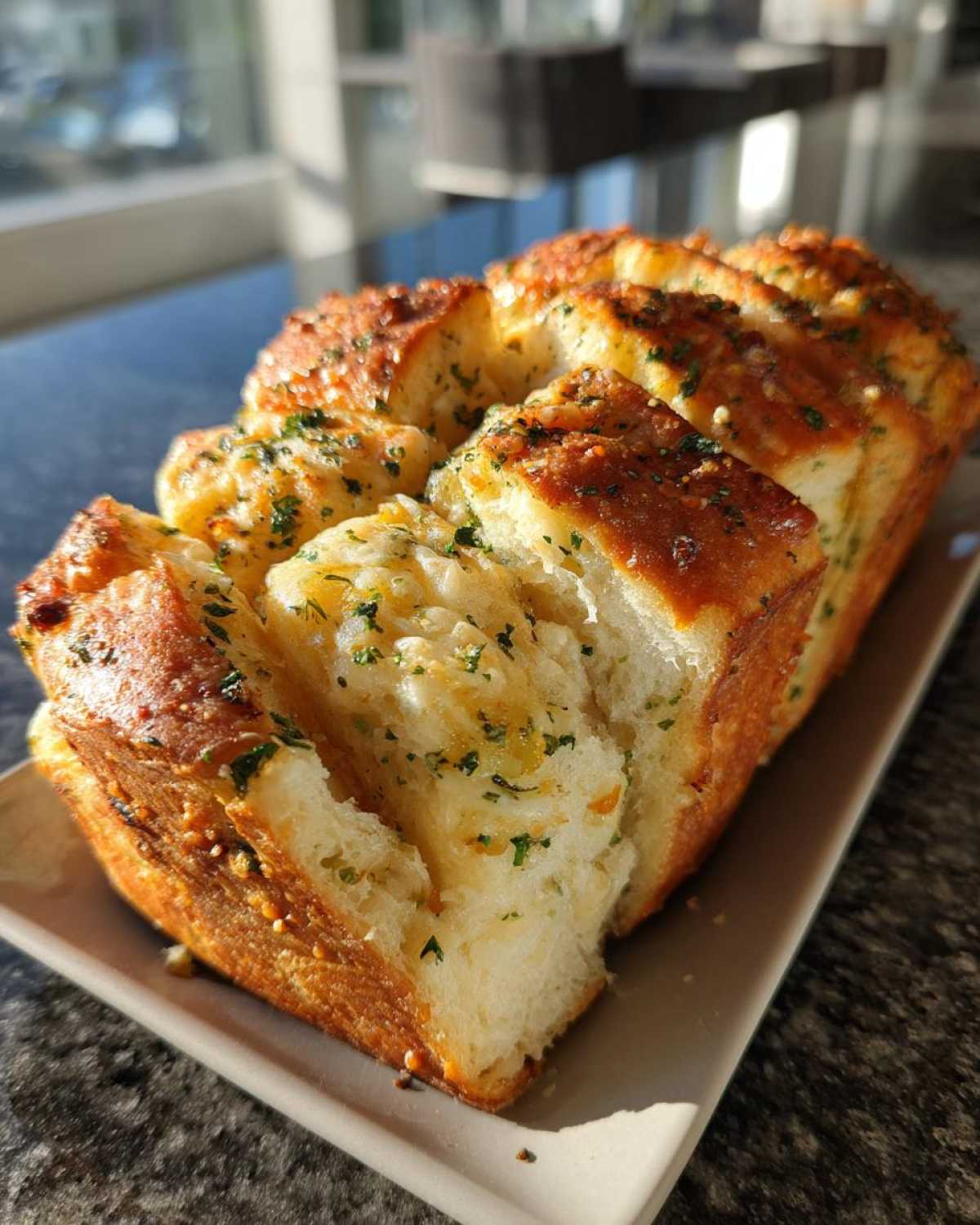Close-up of a golden-brown loaf of Garlic Parmesan Pull-Apart Bread, glistening with butter and topped with herbs.
