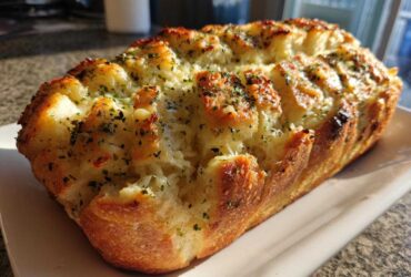 A golden-brown loaf of cheesy Garlic Parmesan Pull-Apart Bread, topped with melted cheese and herbs.