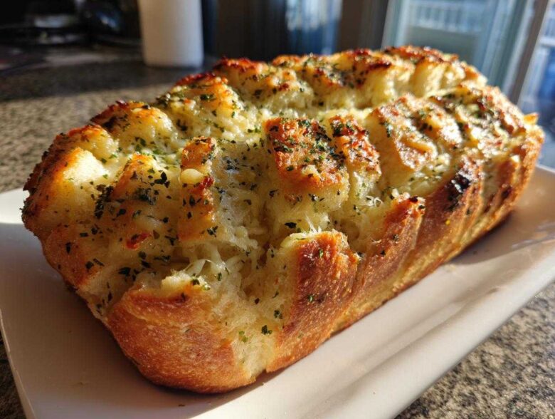 A golden-brown loaf of cheesy Garlic Parmesan Pull-Apart Bread, topped with melted cheese and herbs.