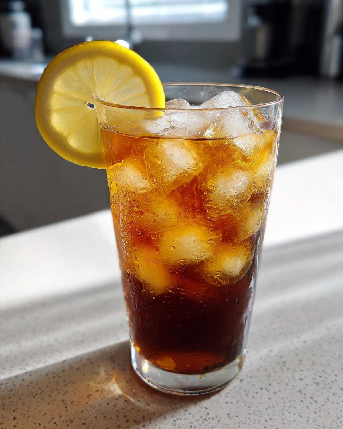 A tall glass filled with ice and dark Cold Brew Lemonade, garnished with a bright lemon slice.
