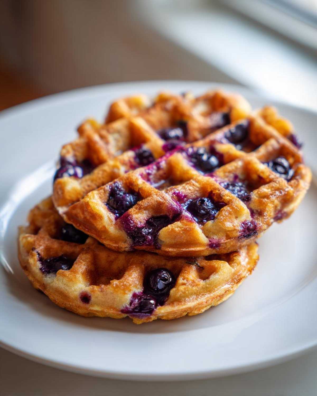 Close-up of two golden Gluten-Free Blueberry Waffles stacked on a white plate, studded with cooked blueberries.
