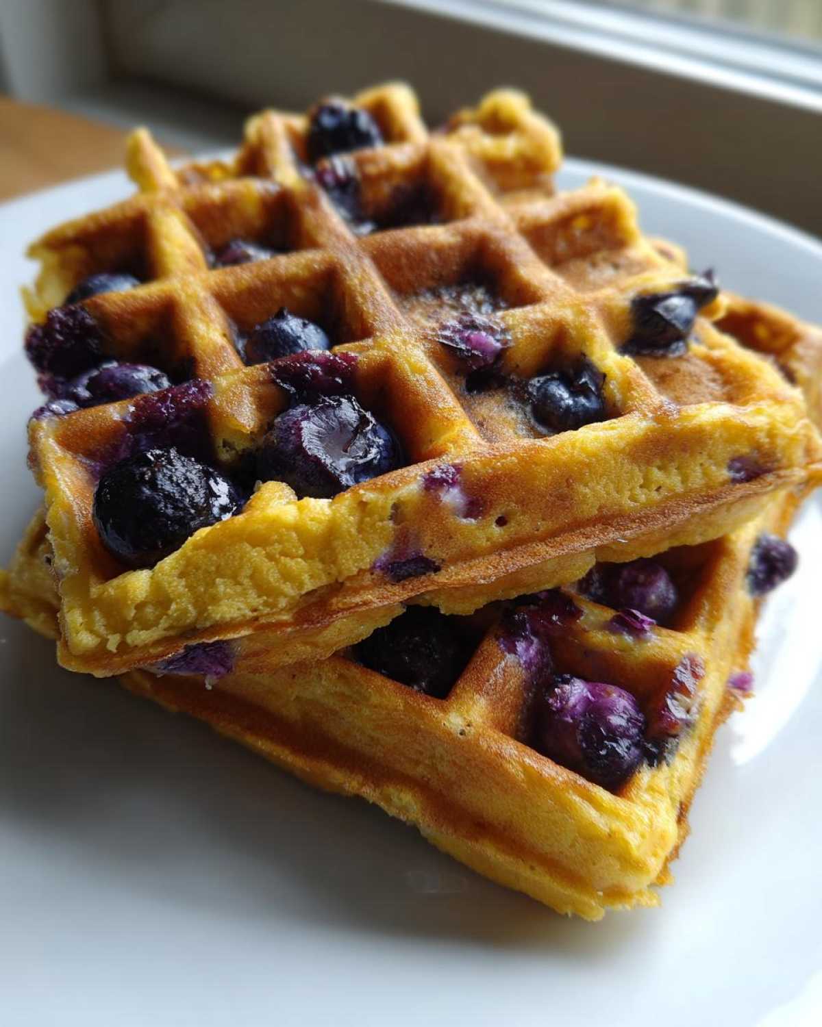 Close-up of two stacked, golden Gluten-Free Blueberry Waffles filled with juicy blueberries on a white plate.
