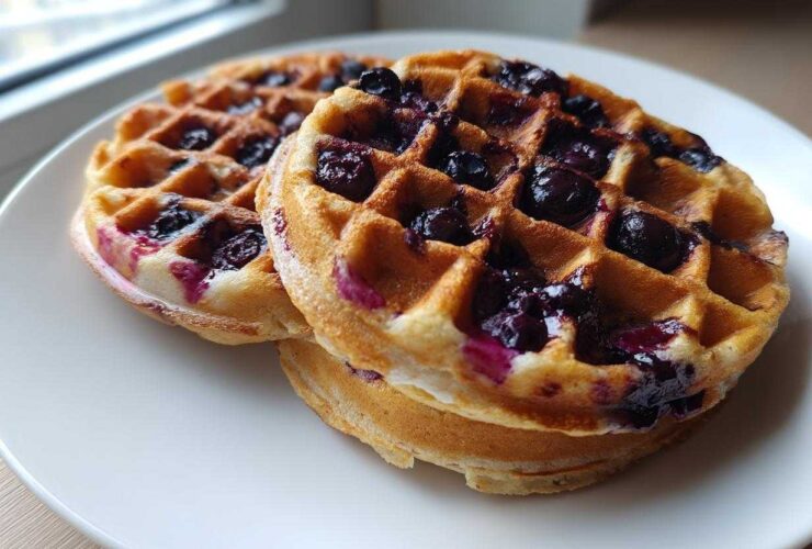 Close-up of two golden Gluten-Free Blueberry Waffles stacked on a white plate near a window.