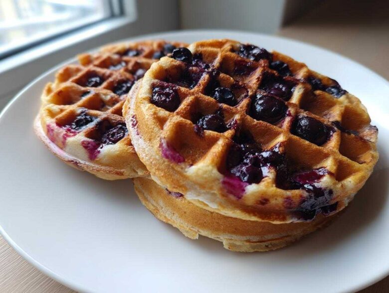 Close-up of two golden Gluten-Free Blueberry Waffles stacked on a white plate near a window.