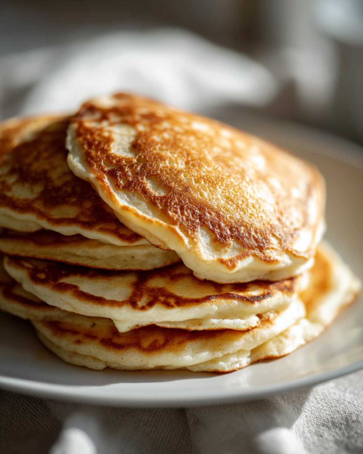 Close-up of a tall stack of fluffy Gluten-Free Buttermilk Pancakes with golden-brown edges.