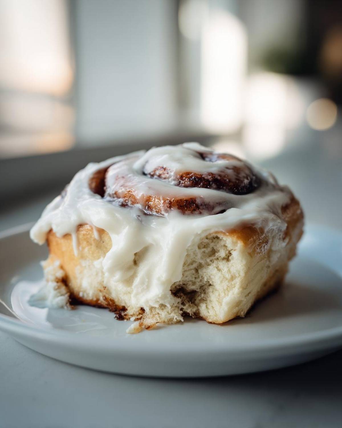 A close-up of a single, fluffy Gluten-Free Cinnamon Roll generously topped with white cream cheese frosting, sitting on a white plate.