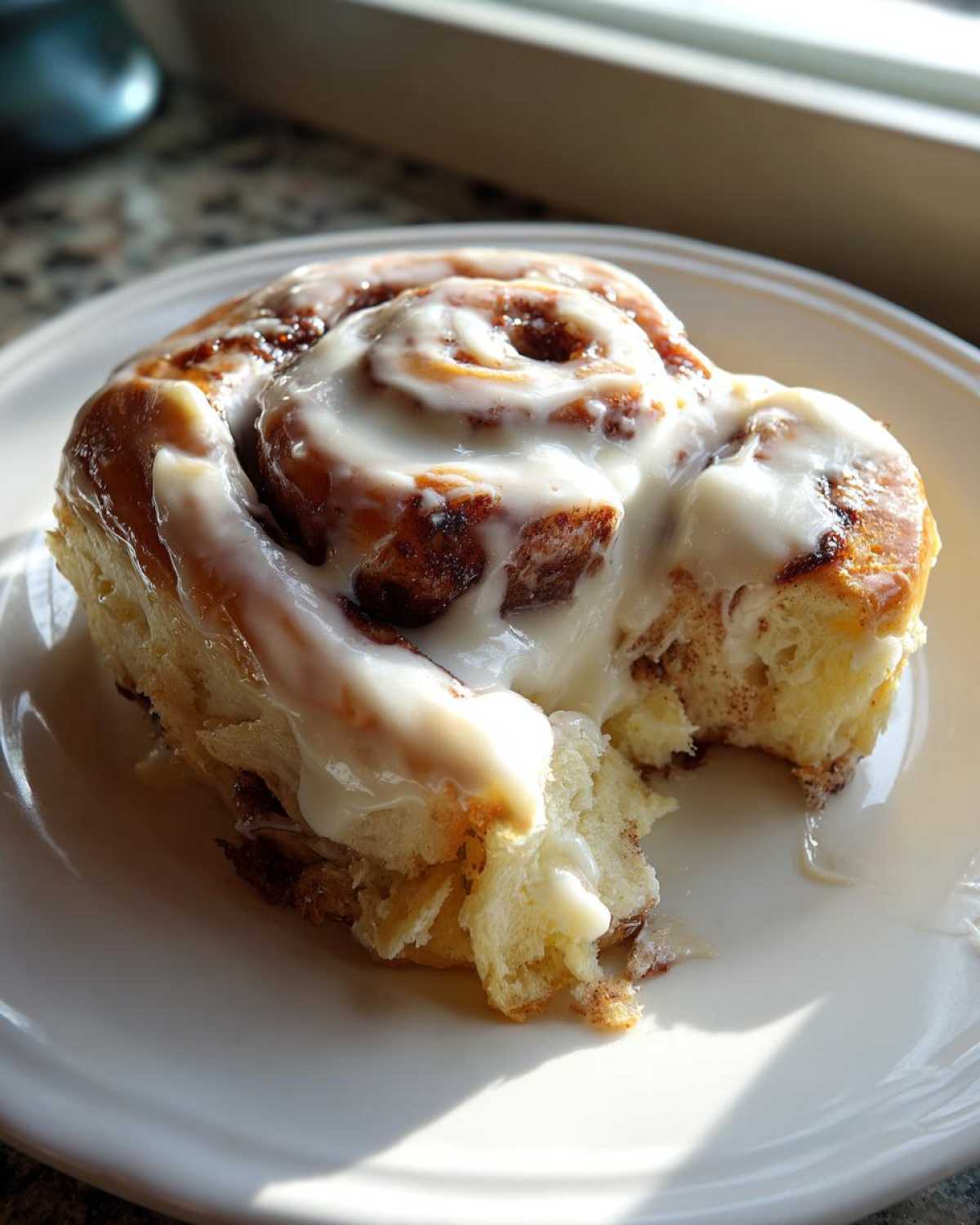 A close-up of one fluffy Gluten-Free Cinnamon Roll topped with thick white icing, showing a bite taken out.