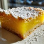 Close-up of a bright yellow Gluten-Free Lemon Bars with Shortbread Crust square, dusted heavily with powdered sugar.