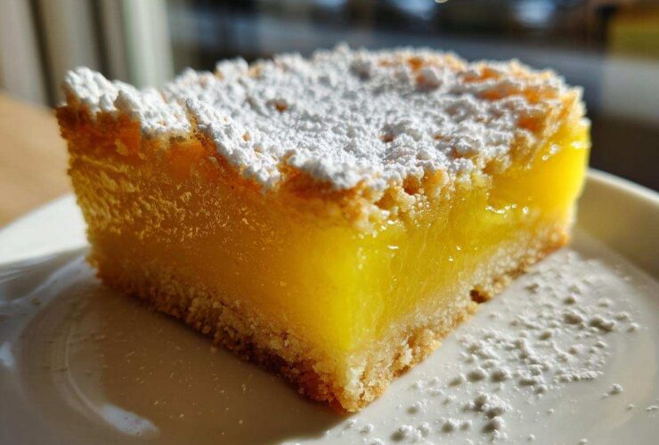 Close-up of a bright yellow Gluten-Free Lemon Bars with Shortbread Crust square, dusted heavily with powdered sugar.