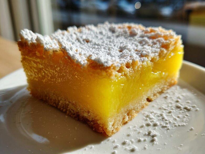 Close-up of a bright yellow Gluten-Free Lemon Bars with Shortbread Crust square, dusted heavily with powdered sugar.