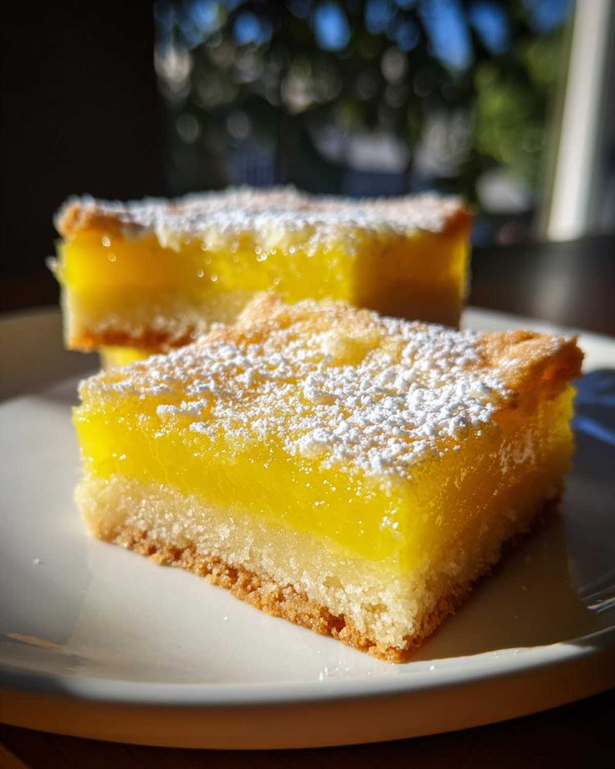 Two slices of bright yellow Gluten-Free Lemon Bars with shortbread crust dusted with powdered sugar.