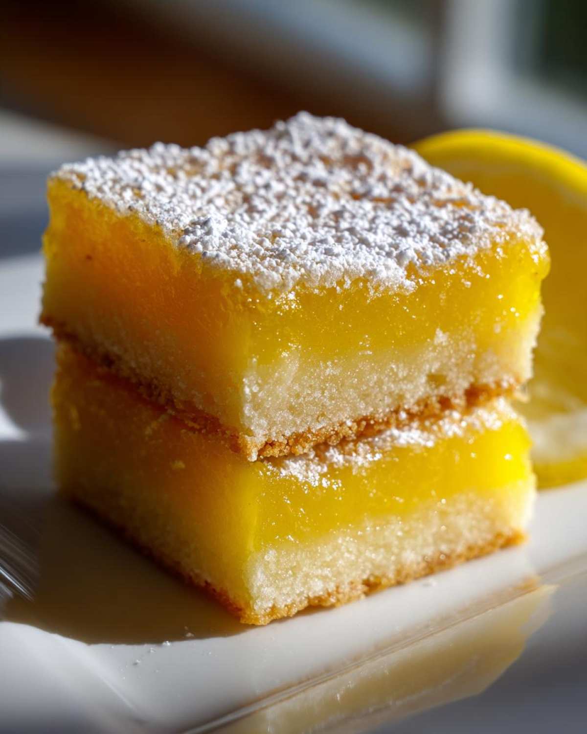 Two stacked squares of bright yellow Gluten-Free Lemon Bars with shortbread crust, dusted with powdered sugar.