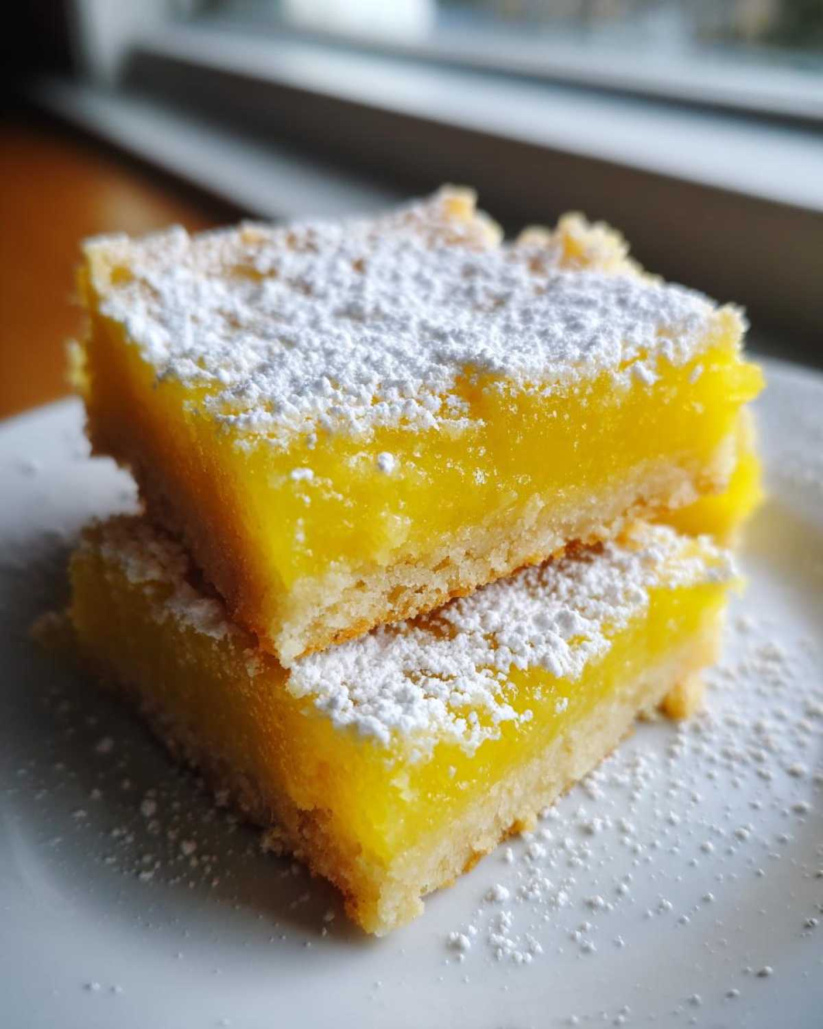 Two stacked Gluten-Free Lemon Bars with a bright yellow filling and shortbread crust, dusted heavily with powdered sugar.