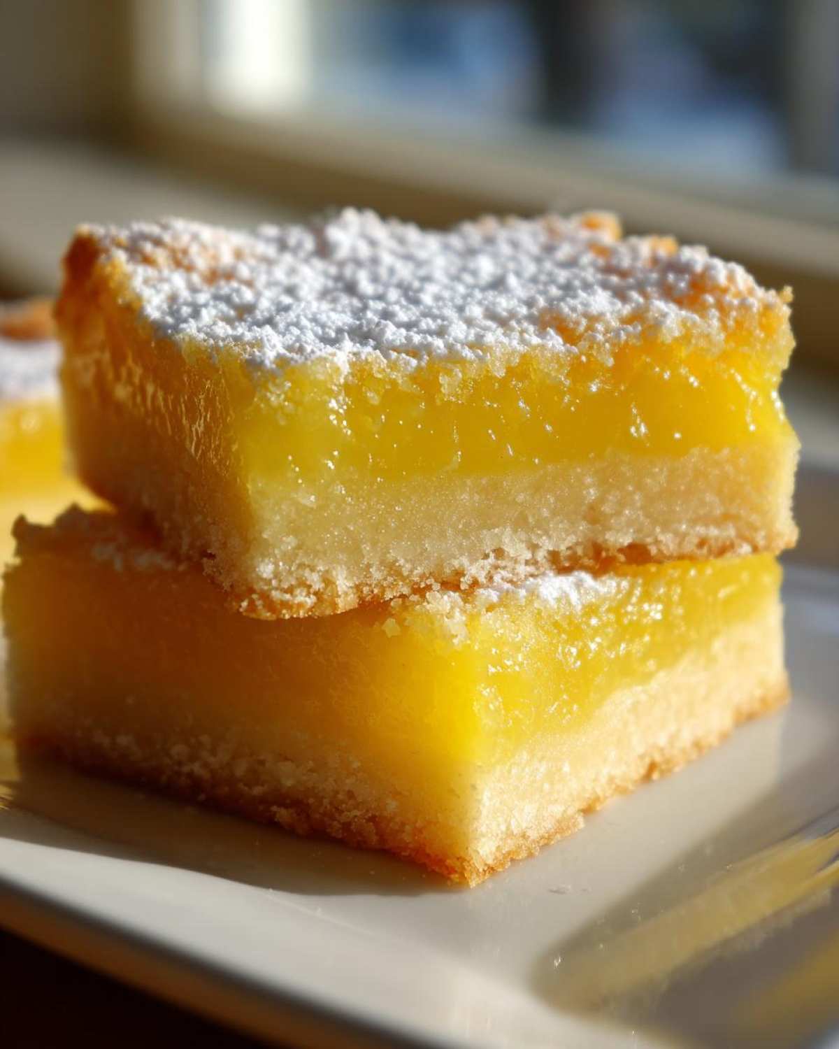 Close-up of two stacked Gluten-Free Lemon Bars with a bright yellow filling and shortbread crust, dusted with powdered sugar.
