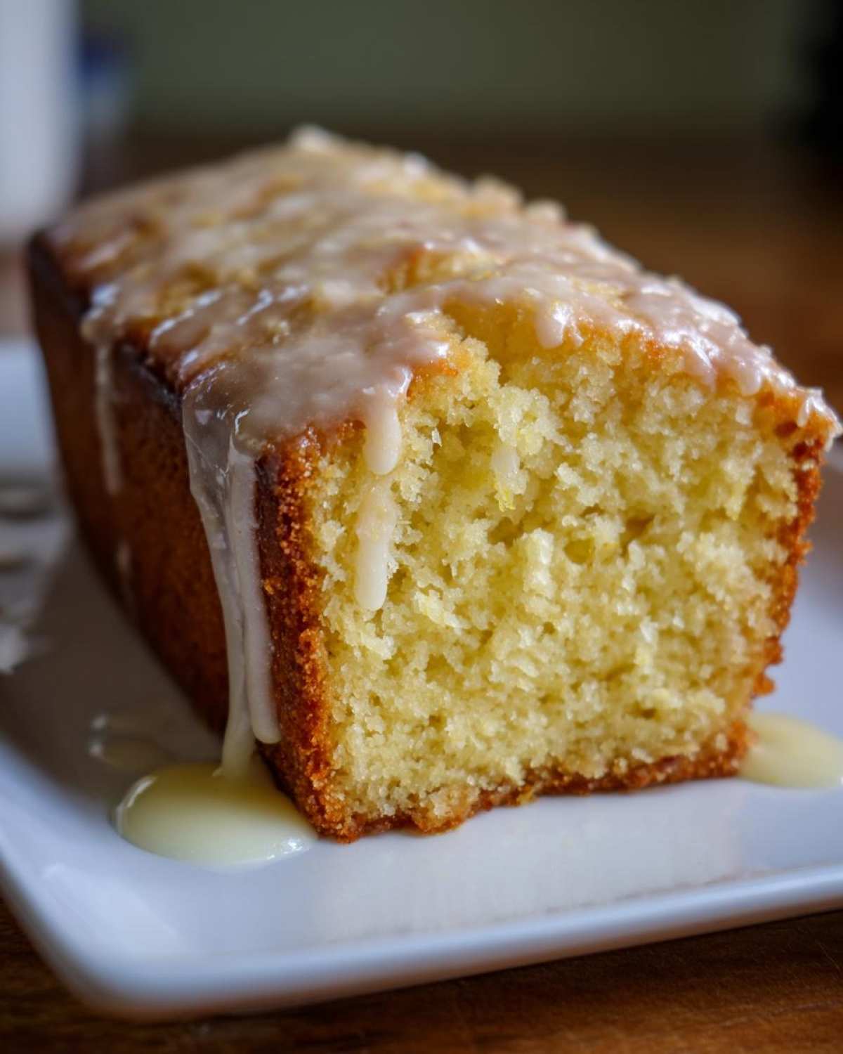 Close-up of a moist slice of Gluten-Free Lemon Coconut Cake loaf with thick white glaze dripping onto a white plate.