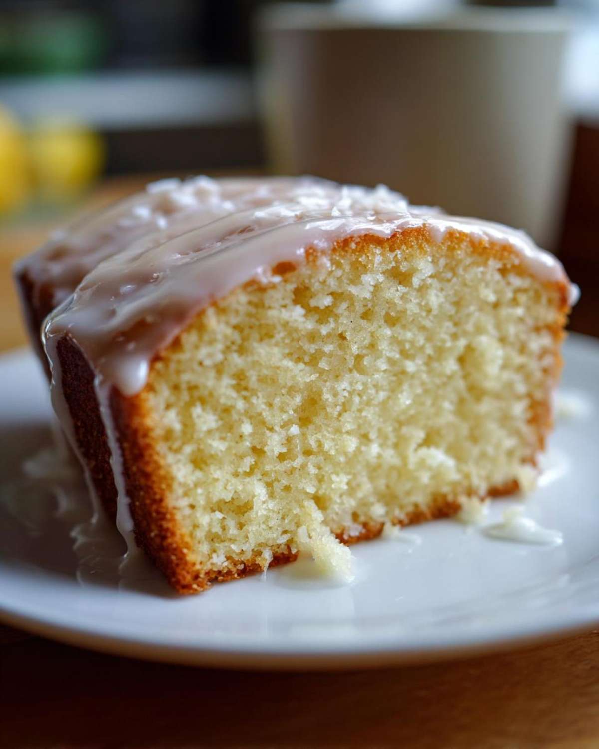 Close-up of a moist slice of Gluten-Free Lemon Coconut Cake topped with a thick, white glaze.