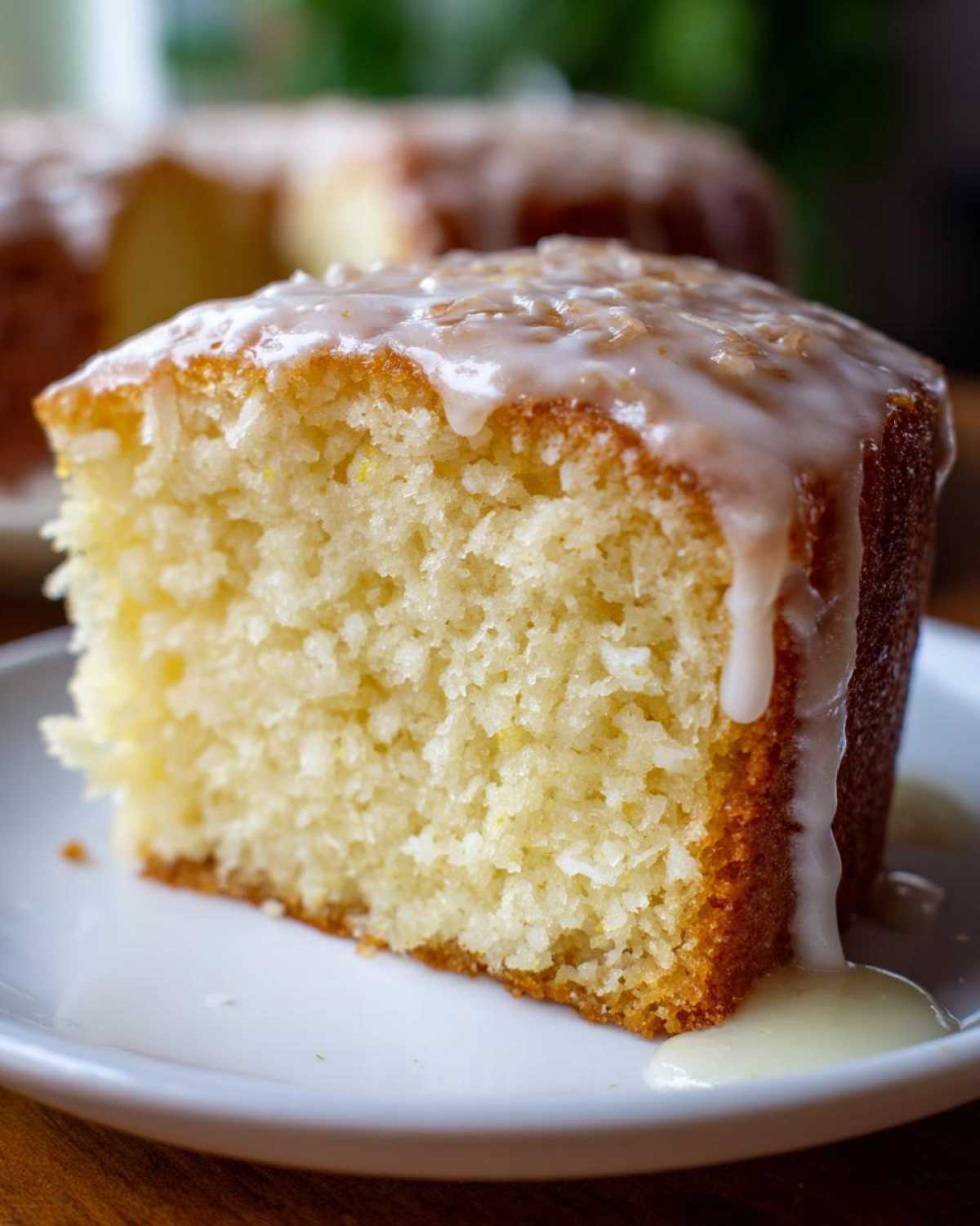 Close-up of a moist slice of Gluten-Free Lemon Coconut Cake topped with a thick lemon glaze and toasted coconut.