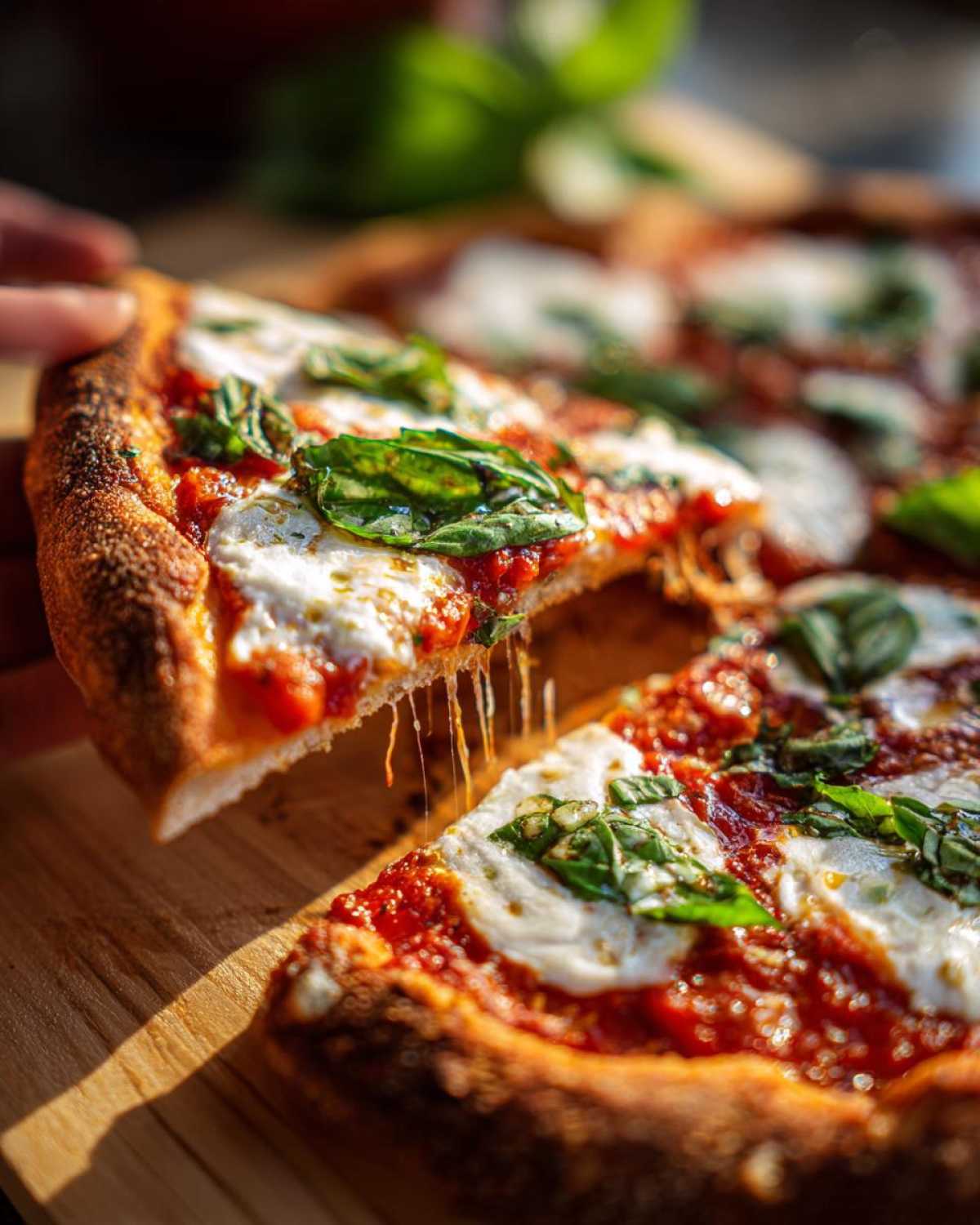 A hand pulling a slice of hot Gluten-Free Margherita Pizza, showing melted cheese strings stretching between the slices.