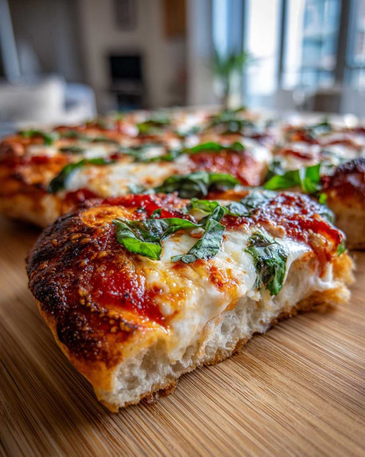 Close-up of a thick slice of Gluten-Free Margherita Pizza showing melted mozzarella, red sauce, and fresh basil.