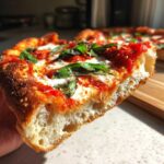 A thick slice of Gluten-Free Margherita Pizza showing the airy crust, melted mozzarella, bright red sauce, and fresh basil.