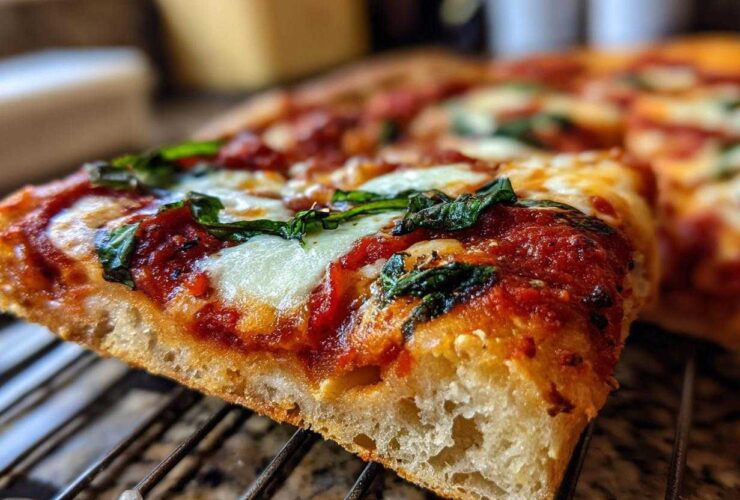 Close-up of a thick slice of Gluten-Free Margherita Pizza showing bubbly crust, tomato sauce, mozzarella, and basil.