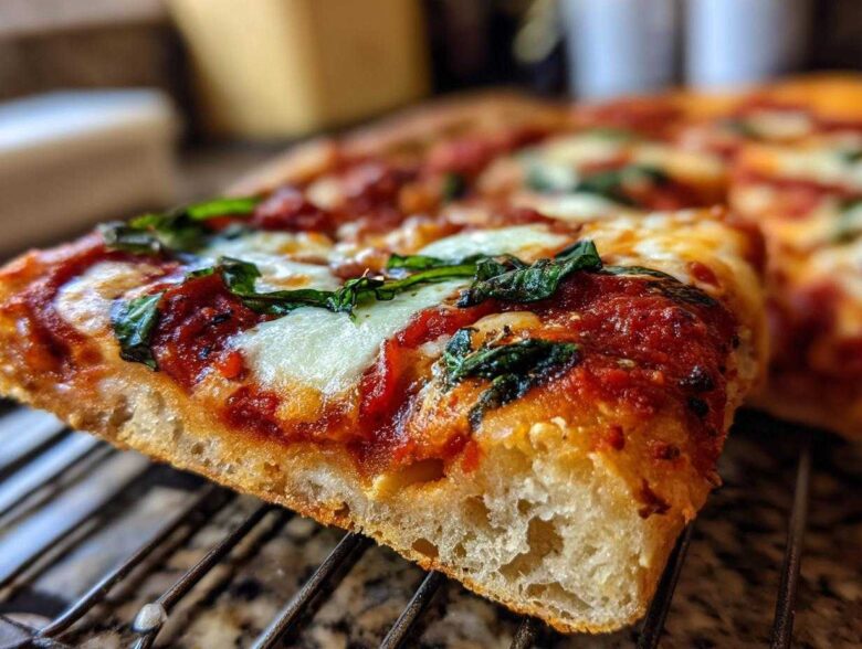 Close-up of a thick slice of Gluten-Free Margherita Pizza showing bubbly crust, tomato sauce, mozzarella, and basil.