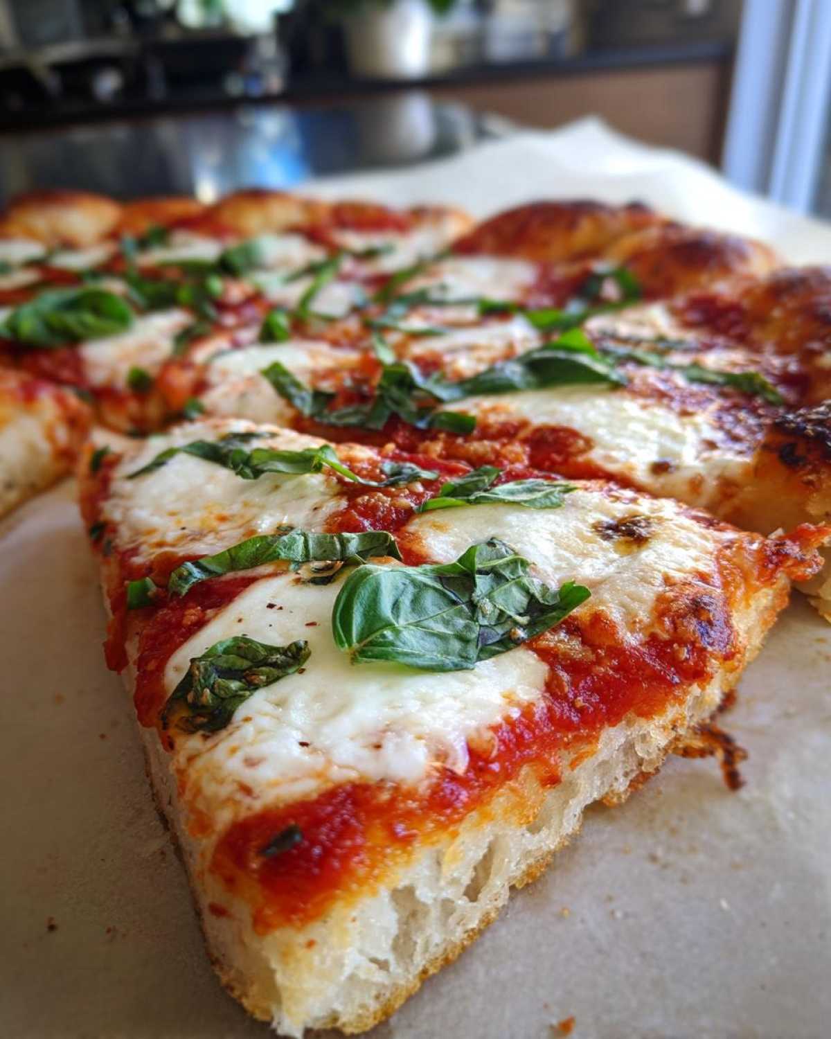 Close-up of a thick slice of Gluten-Free Margherita Pizza showing melted mozzarella, bright tomato sauce, and fresh basil.