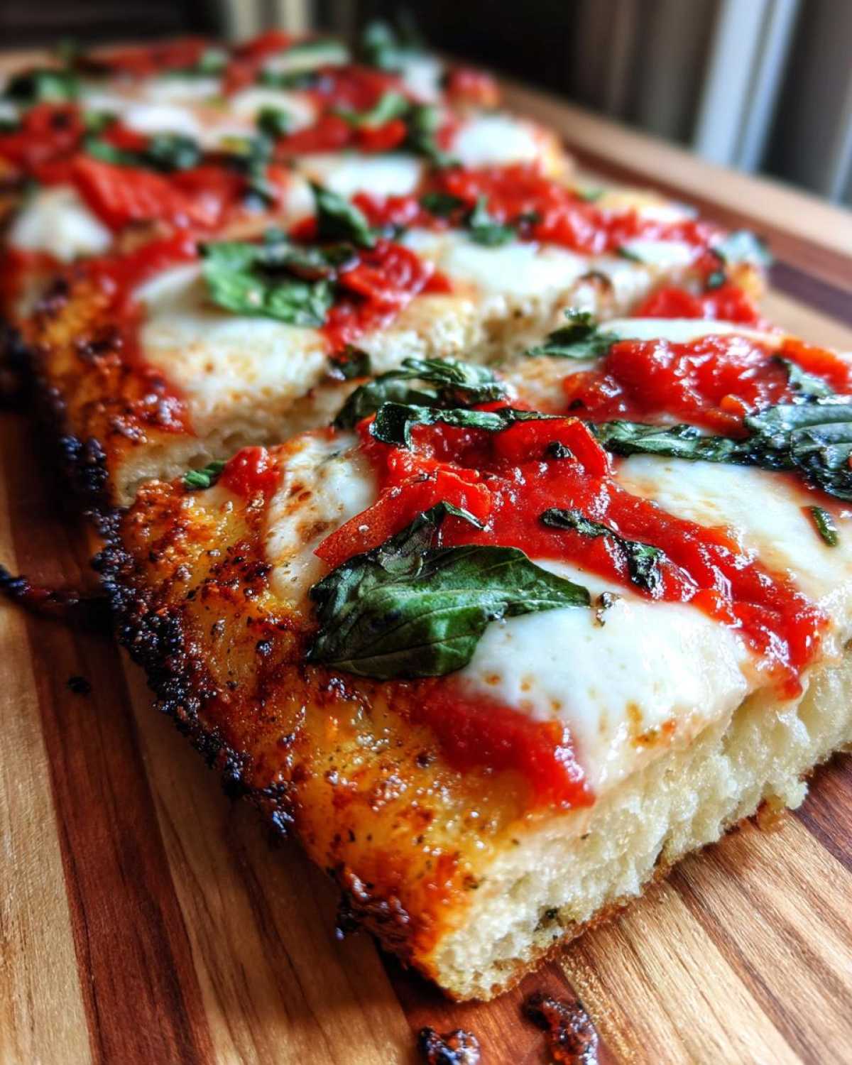 Close-up of thick-crust Gluten-Free Margherita Pizza slices topped with melted mozzarella, bright red sauce, and fresh basil.