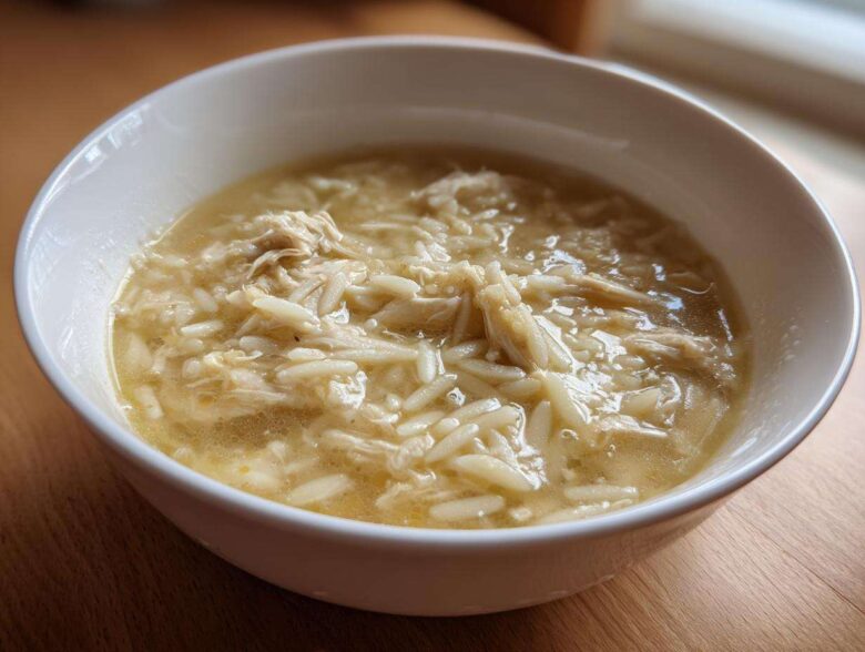 Close-up of a white bowl filled with hot Greek Lemon Chicken Soup featuring shredded chicken and orzo pasta.