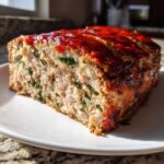 A thick slice of Healthy Turkey Spinach Meatloaf, topped with a shiny red glaze, showing visible spinach pieces.
