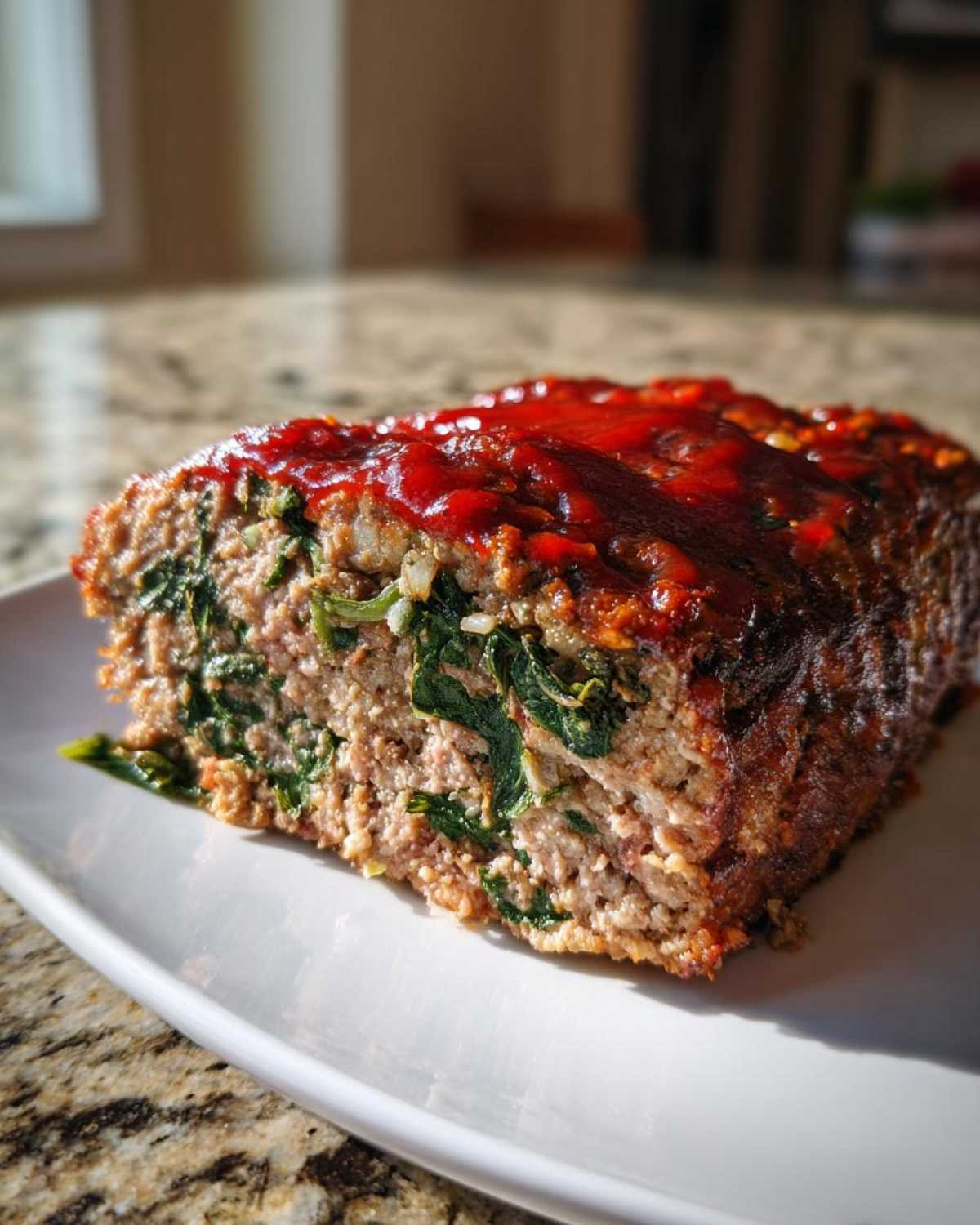 A close-up slice of Healthy Turkey Spinach Meatloaf showing the ground turkey texture and visible green spinach mixed in, topped with a red glaze.