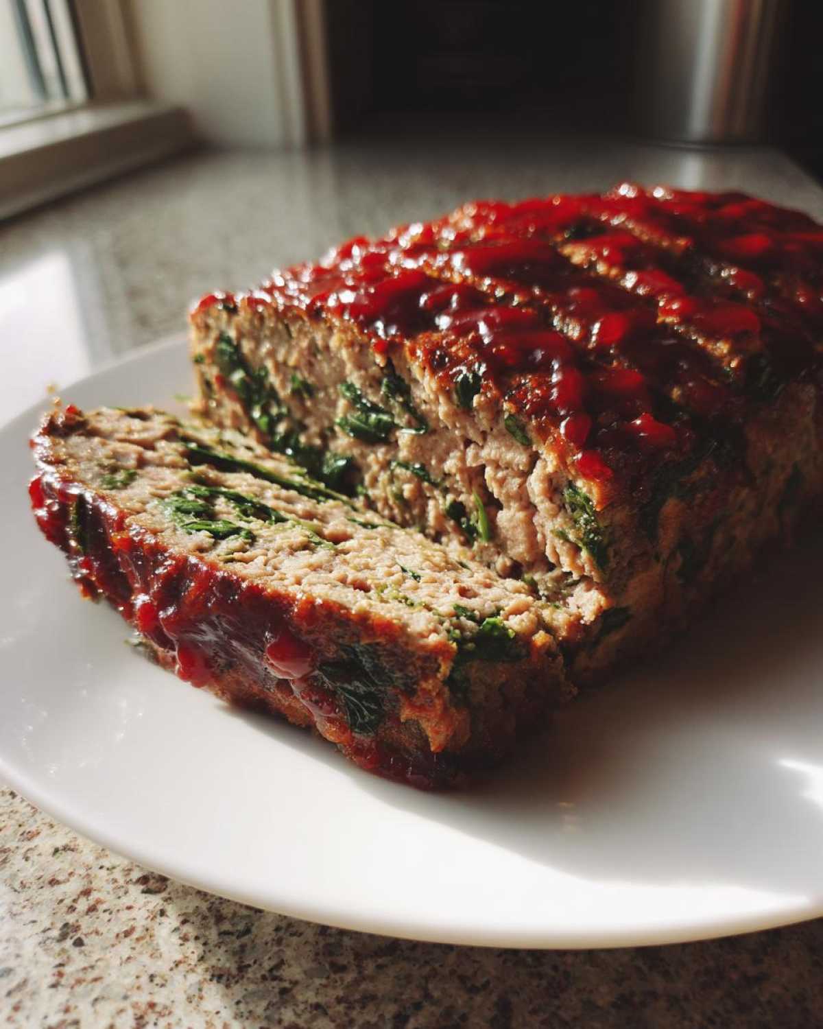 A close-up of a sliced Healthy Turkey Spinach Meatloaf topped with a shiny red glaze, showing spinach mixed throughout.