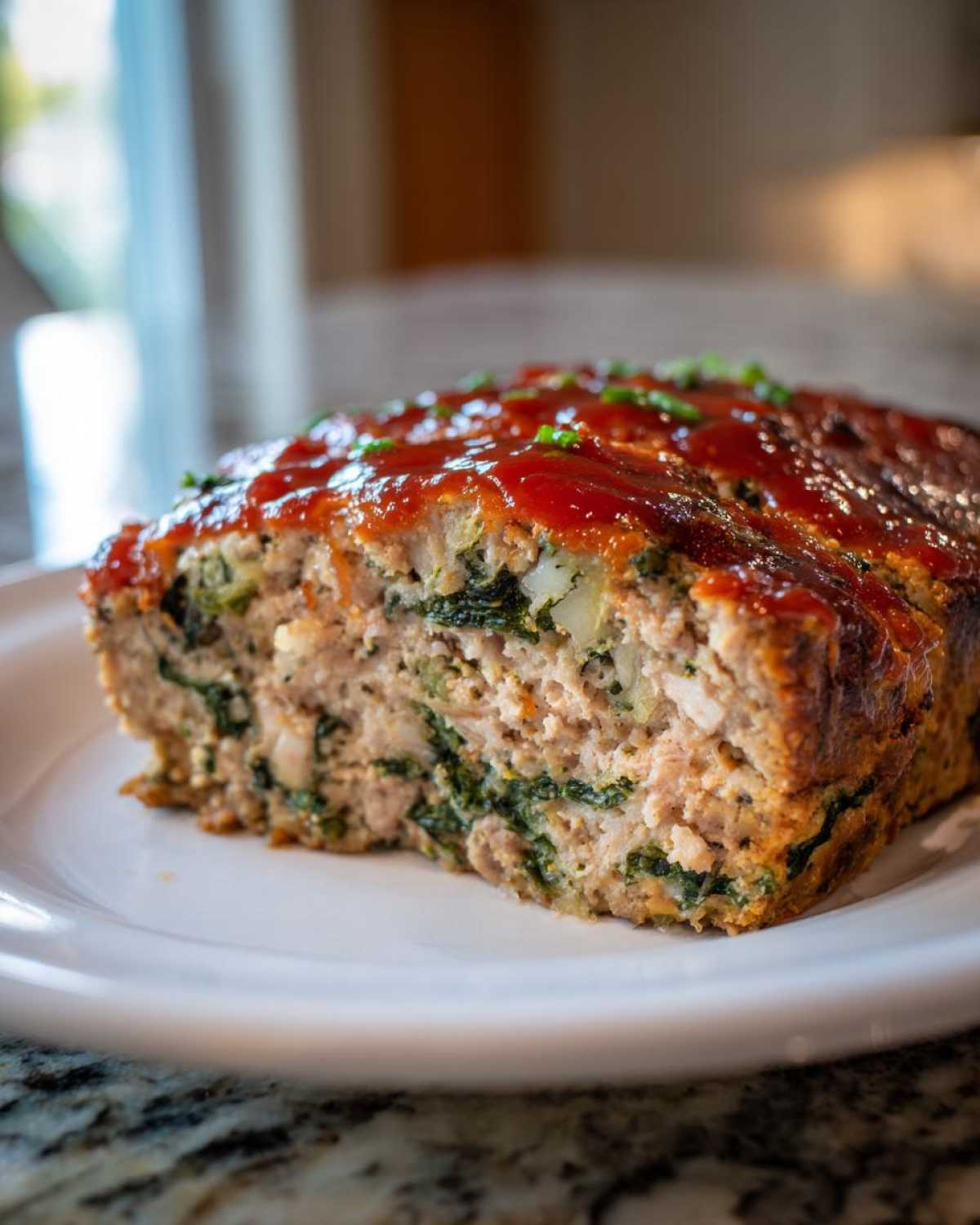 Cross-section of Healthy Turkey Spinach Meatloaf topped with a ketchup glaze and chives.