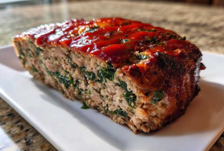 A thick slice of Healthy Turkey Spinach Meatloaf topped with a bright red glaze, showing green spinach mixed throughout the meat.