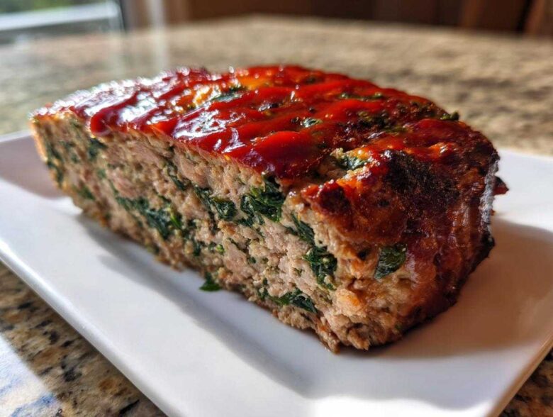 A thick slice of Healthy Turkey Spinach Meatloaf topped with a bright red glaze, showing green spinach mixed throughout the meat.