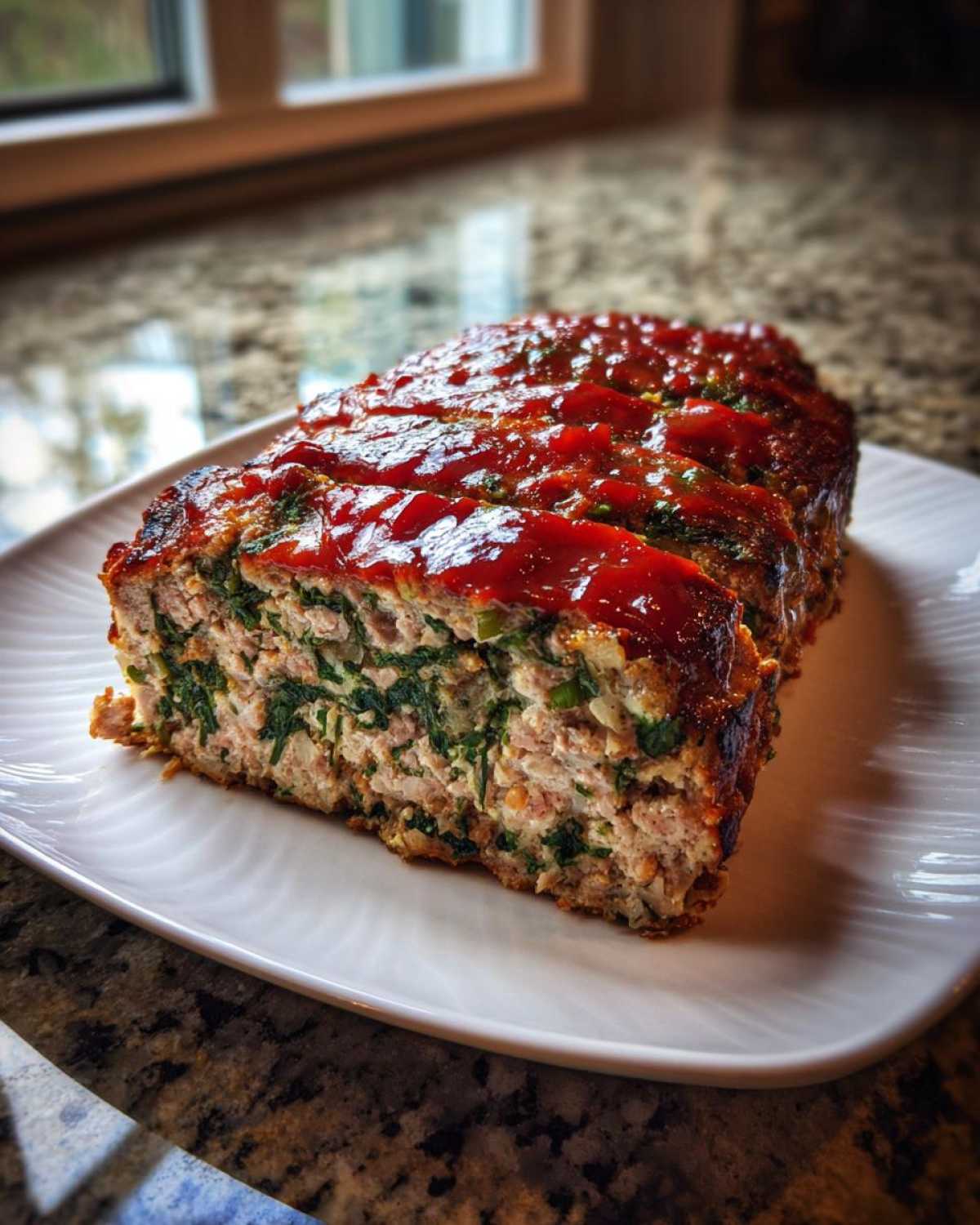 A sliced portion of Healthy Turkey Spinach Meatloaf topped with a shiny red glaze, showing the green spinach inside.