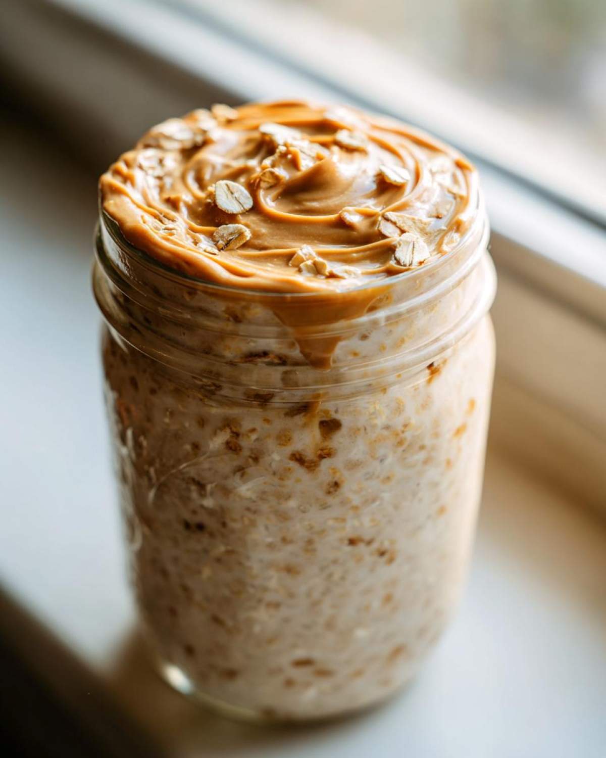 Close-up of High-Protein Peanut Butter Overnight Oats topped with creamy peanut butter swirls and rolled oats.