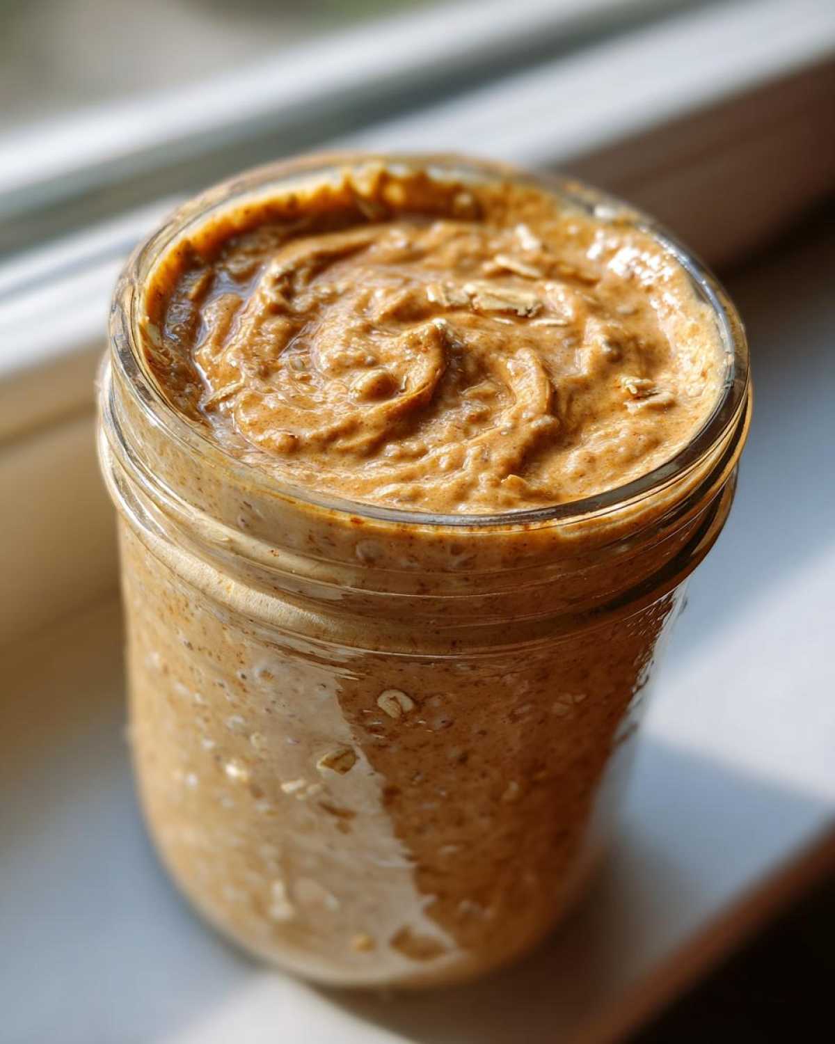Close-up of thick High-Protein Peanut Butter Overnight Oats swirled in a glass jar, catching sunlight.