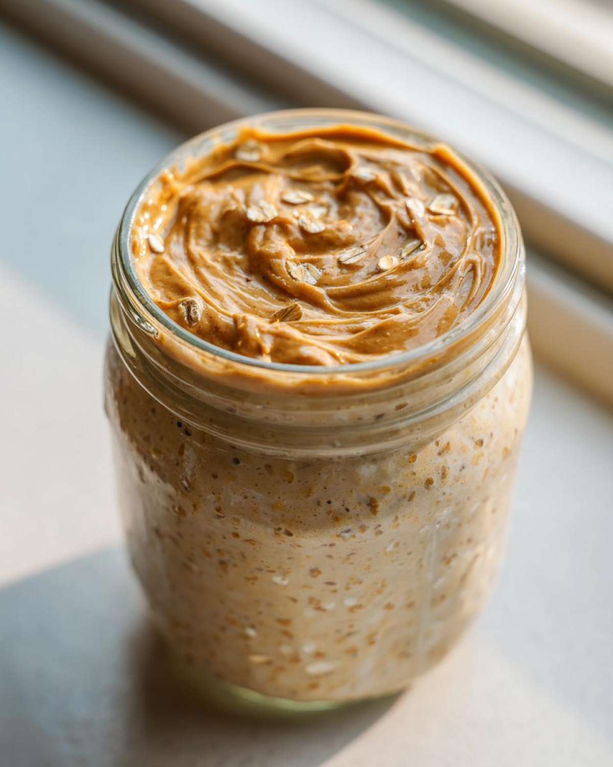 Close-up of High-Protein Peanut Butter Overnight Oats in a jar, topped with swirled peanut butter and rolled oats.