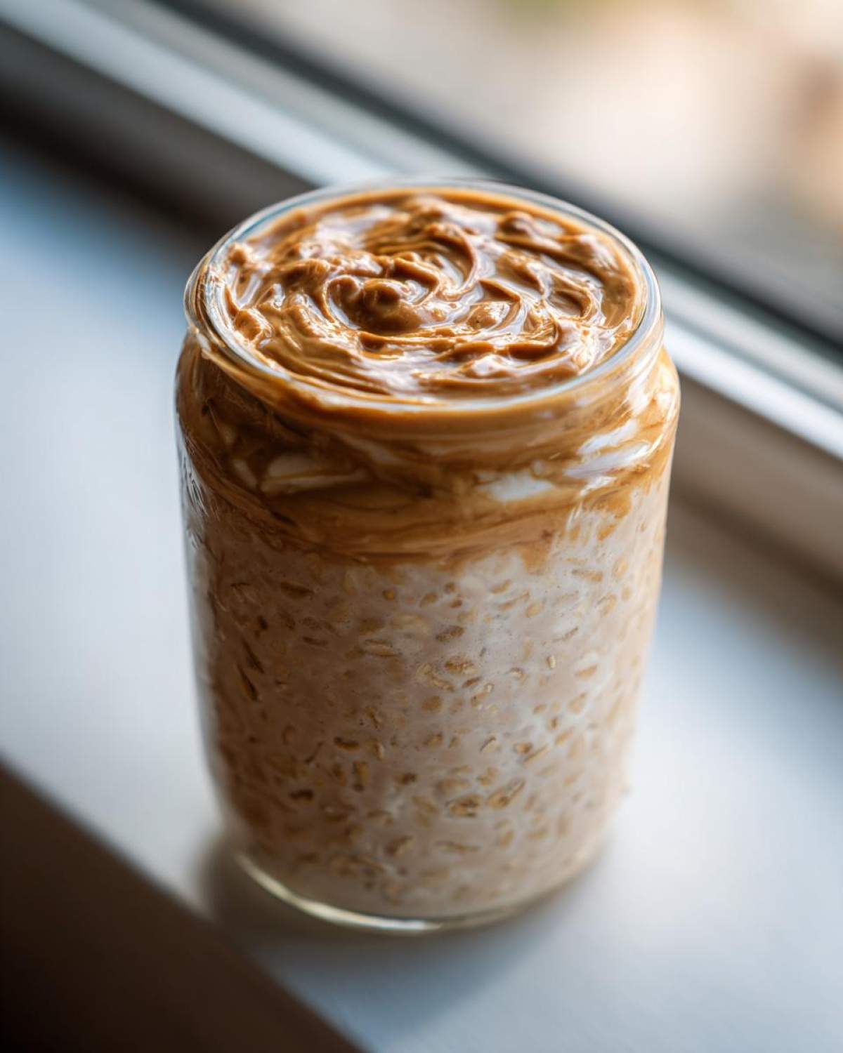Close-up of High-Protein Peanut Butter Overnight Oats topped with swirled peanut butter in a glass jar.