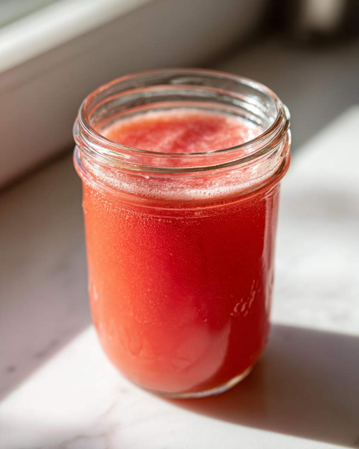 A glass jar filled with bright red Homemade Strawberry Lemonade Concentrate sitting on a sunny white surface.
