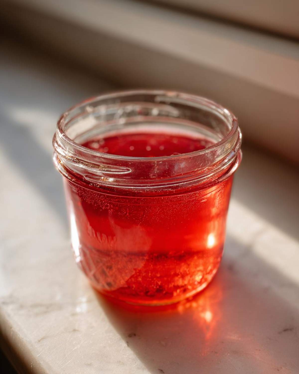 A glass jar filled with bright red Homemade Strawberry Lemonade Concentrate sitting on a sunlit marble surface.