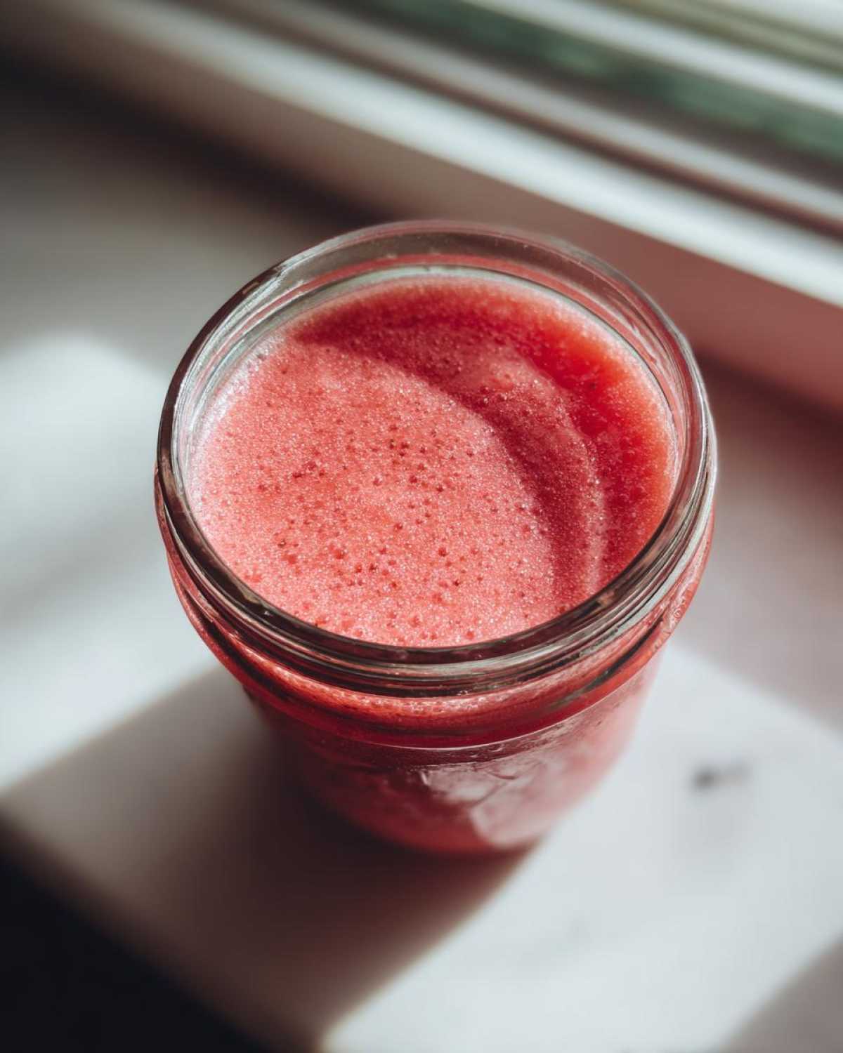 Overhead view of a glass jar filled with vibrant, frothy Homemade Strawberry Lemonade Concentrate.