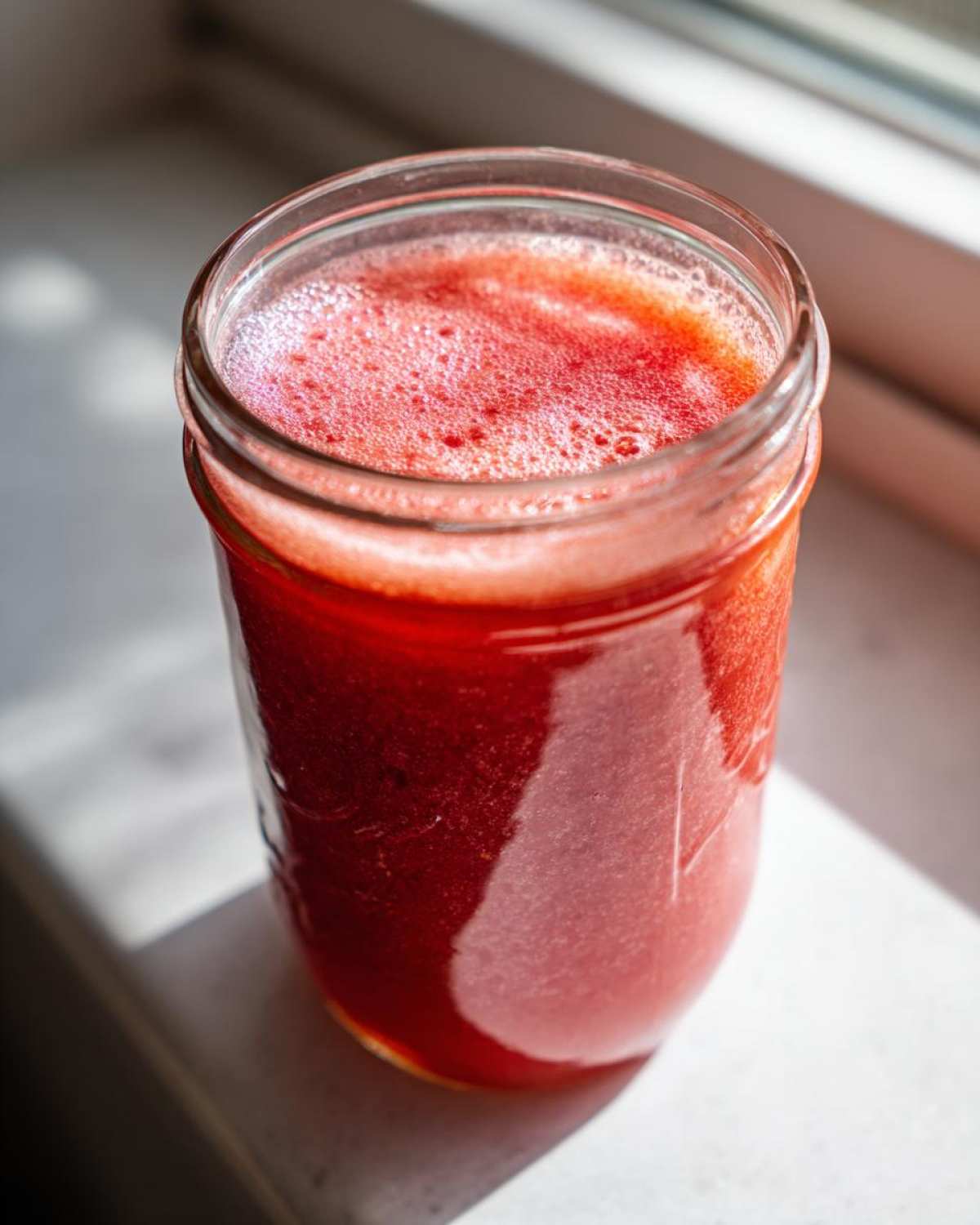 Close-up of vibrant red Homemade Strawberry Lemonade Concentrate in a glass jar sitting on a windowsill.