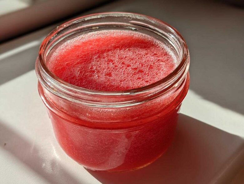 Close-up of bright red Homemade Strawberry Lemonade Concentrate filling a small glass jar.