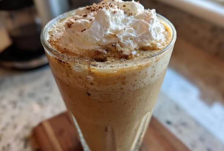 Close-up of a tall glass filled with a blended Homemade Vanilla Bean Frappuccino, topped with whipped cream and a dusting of spice.