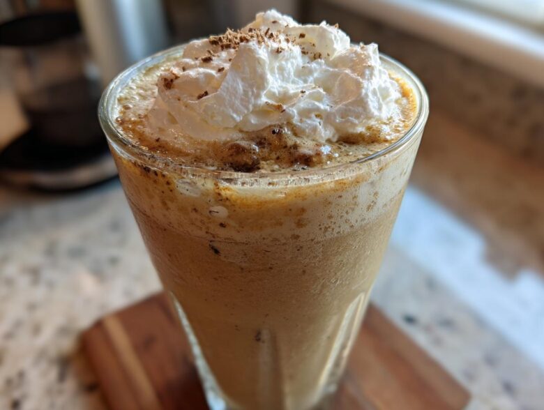 Close-up of a tall glass filled with a blended Homemade Vanilla Bean Frappuccino, topped with whipped cream and a dusting of spice.