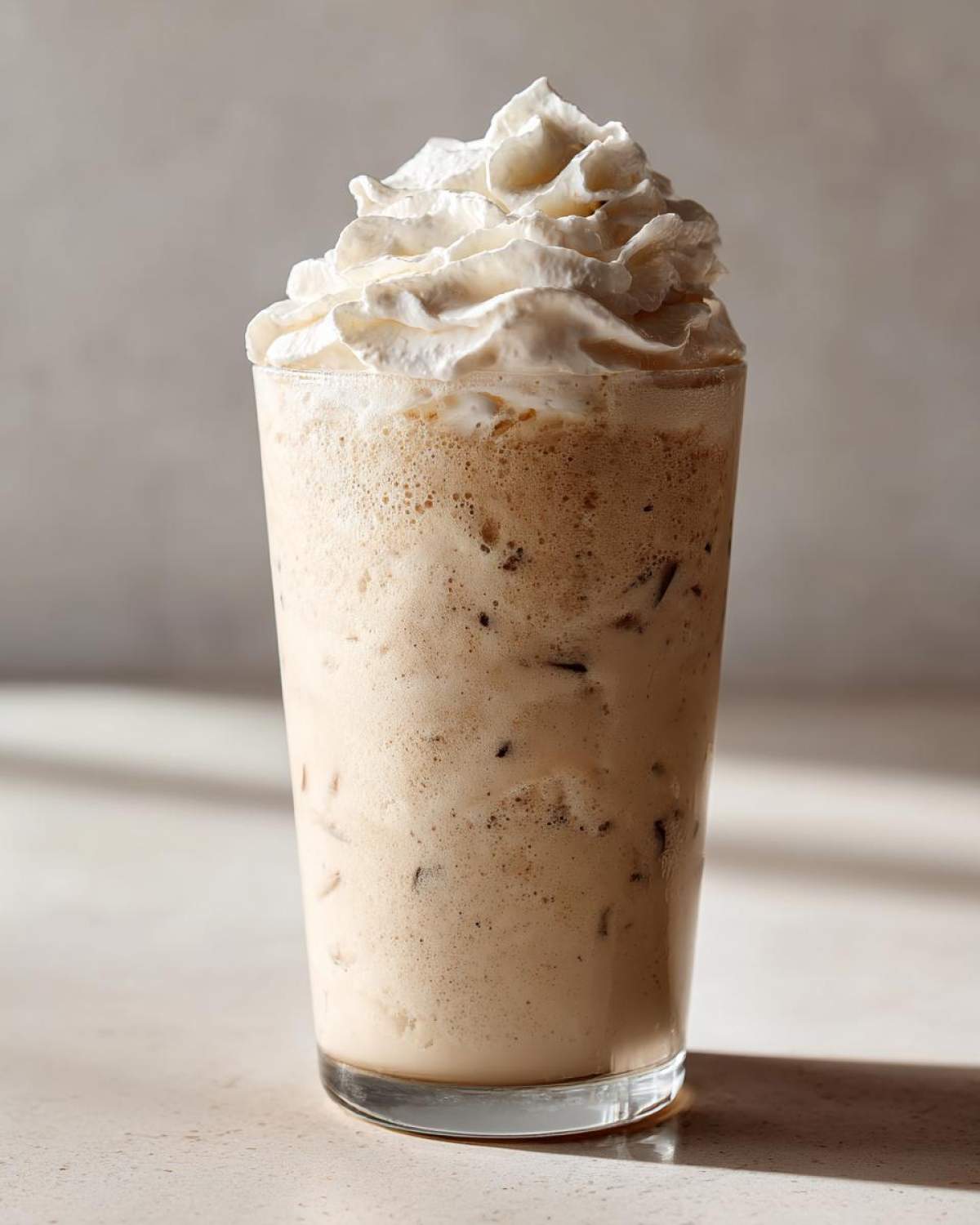 A tall glass of creamy Homemade Vanilla Bean Frappuccino topped high with whipped cream.